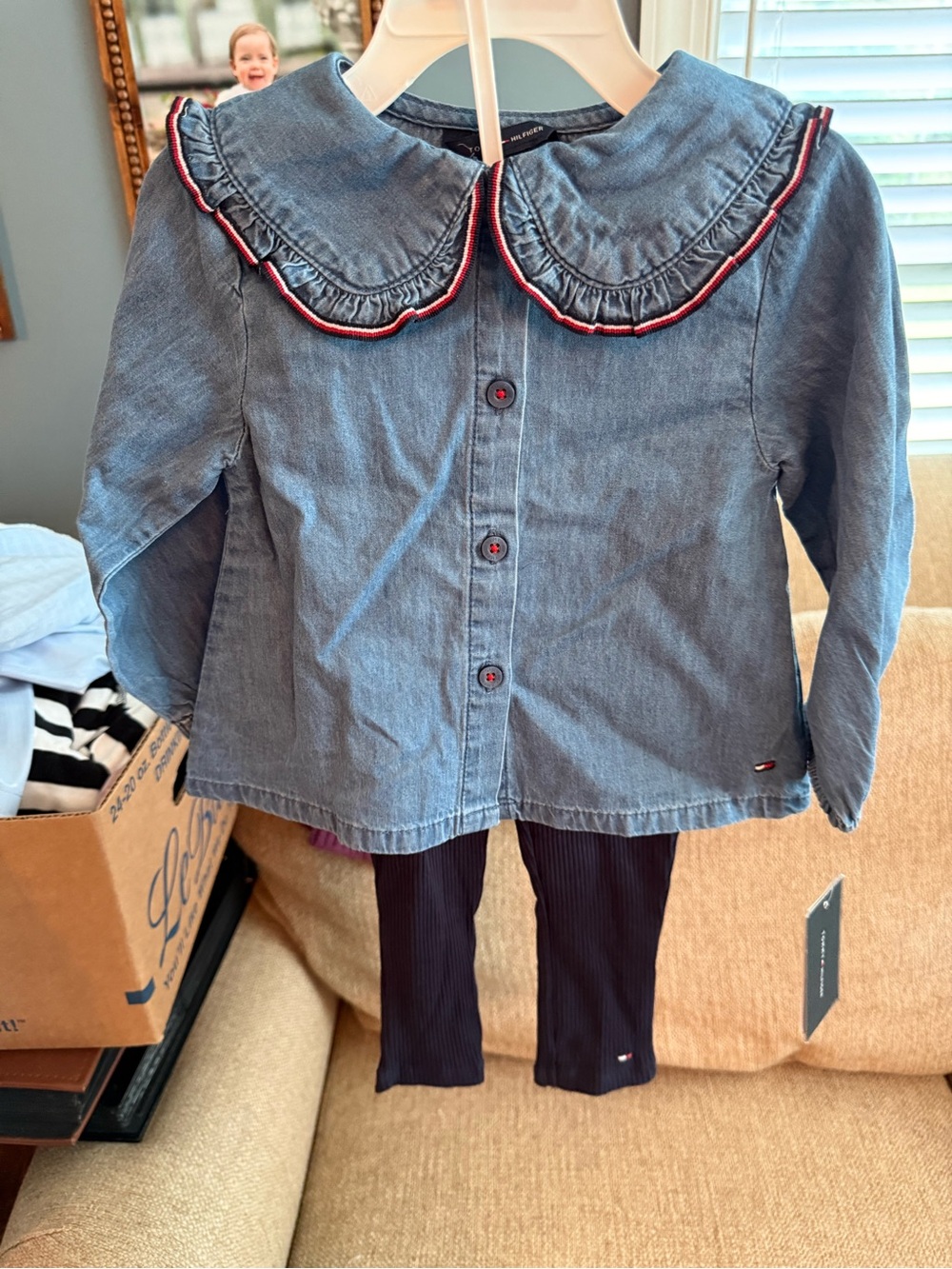 Tommy Hilfiger Blue Denim-Look Top and Navy Leggings Kids Matching Set